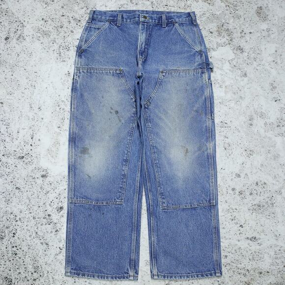 Vintage Carhartt B73 DST Faded Blue Jeans Denim Double Knee Carpenter Pant 35x29 - Picture 1 of 16